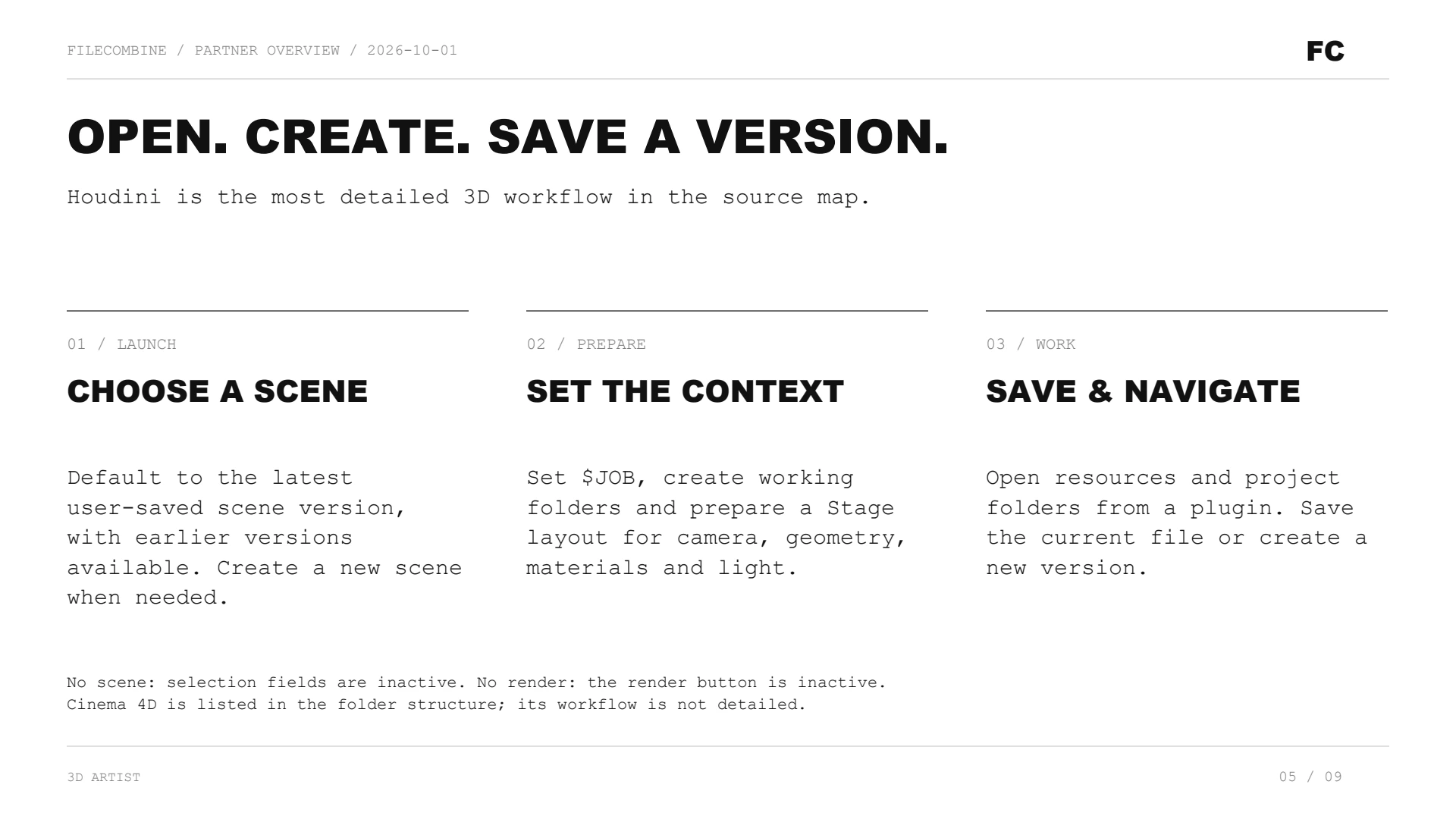 Slide 5: Open. Create. Save a version.