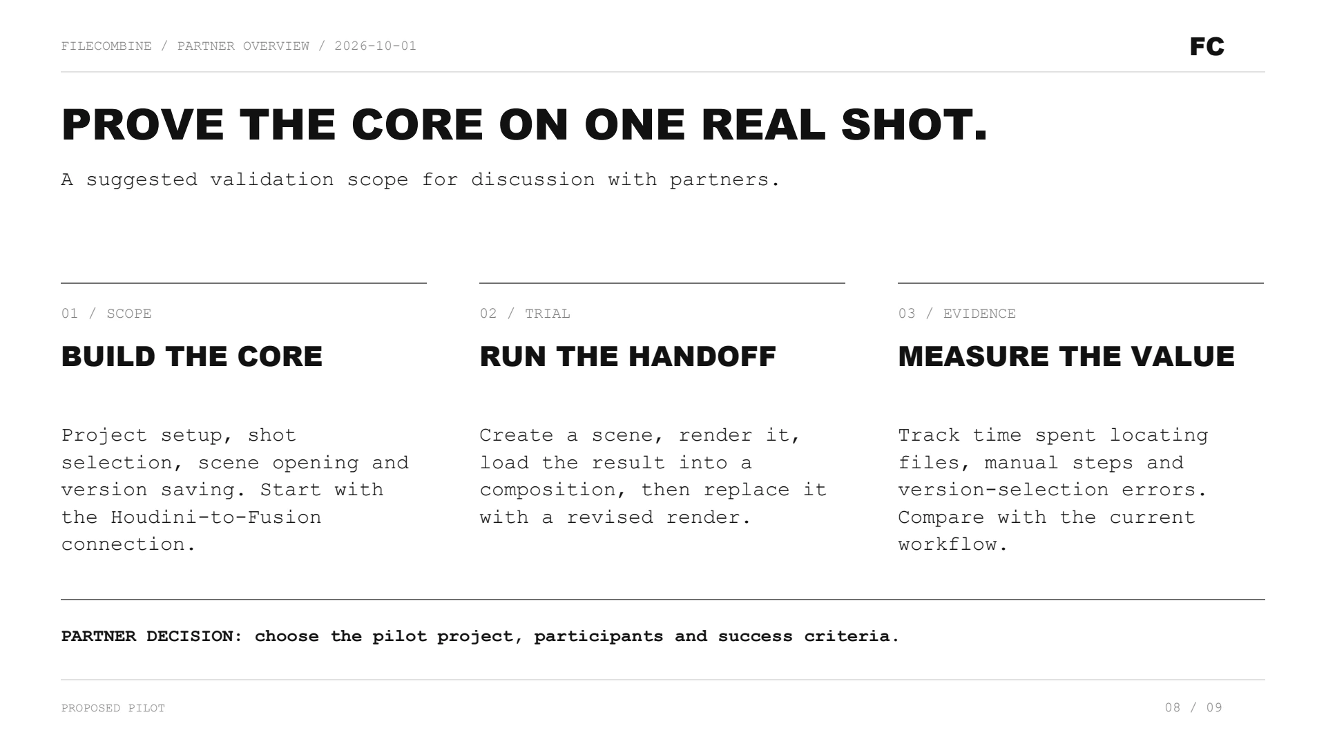 Slide 8: Prove the core on one real shot.